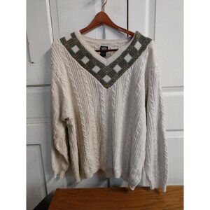Vintage Dockers Cable Knit Sweater With Beaded V-Neck Long Sleeve 100% Cotton Ma